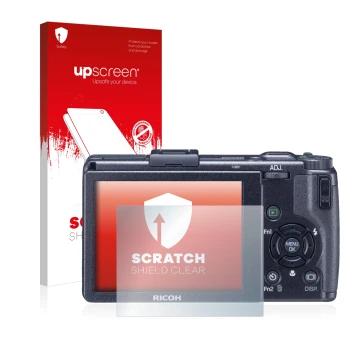 Parte frontal de un envase de producto con el logotipo de la marca upscreen. Al lado se muestra el dispositivo Ricoh GR Digita