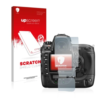 Parte frontal de un envase de producto con el logotipo de la marca upscreen. Al lado se muestra el dispositivo Nikon D3S con s