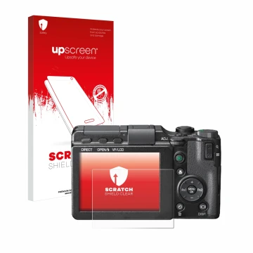Parte frontal de un envase de producto con el logotipo de la marca upscreen. Al lado se muestra el dispositivo Ricoh GXR con s