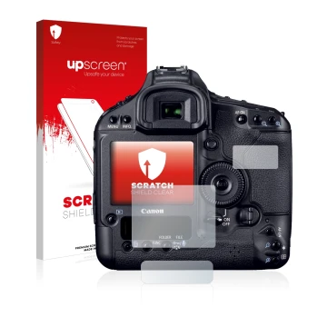 Parte frontal de un envase de producto con el logotipo de la marca upscreen. Al lado se muestra el dispositivo Canon EOS 1D Ma
