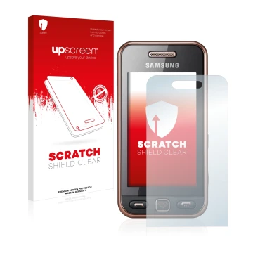 Parte frontal de un envase de producto con el logotipo de la marca upscreen. Al lado se muestra el dispositivo Samsung GT-S523