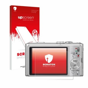 Parte frontal de un envase de producto con el logotipo de la marca upscreen. Al lado se muestra el dispositivo Panasonic Lumix