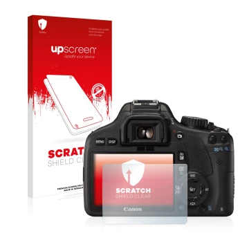 Parte frontal de un envase de producto con el logotipo de la marca upscreen. Al lado se muestra el dispositivo Canon EOS 550D 