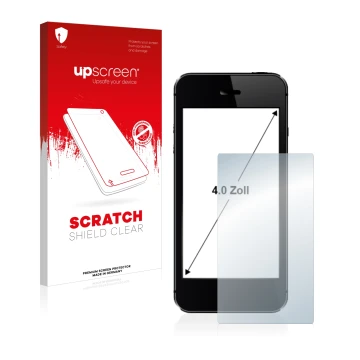 Parte frontal de un envase de producto con el logotipo de la marca upscreen. Al lado se muestra el dispositivo con su protecto