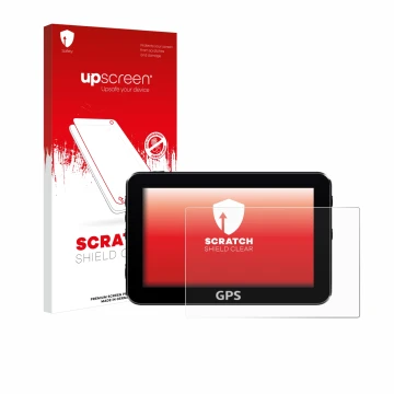 Parte frontal de un envase de producto con el logotipo de la marca upscreen. Al lado se muestra el dispositivo con su protecto
