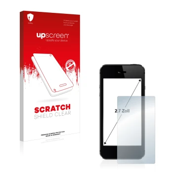 Parte frontal de un envase de producto con el logotipo de la marca upscreen. Al lado se muestra el dispositivo con su protecto