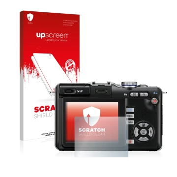 Parte frontal de un envase de producto con el logotipo de la marca upscreen. Al lado se muestra el dispositivo Olympus PEN E-P