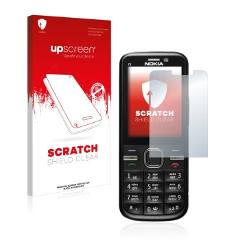 Parte frontal de un envase de producto con el logotipo de la marca upscreen. Al lado se muestra el dispositivo Nokia C5-00 con