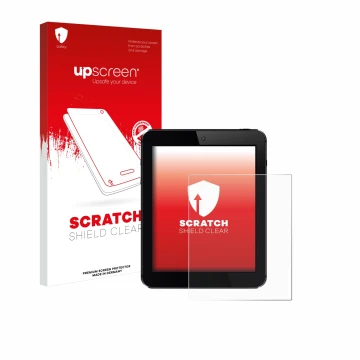 Parte frontal de un envase de producto con el logotipo de la marca upscreen. Al lado se muestra el dispositivo con su protecto