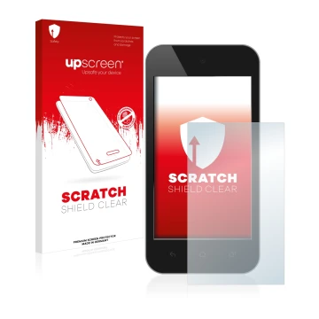 Parte frontal de un envase de producto con el logotipo de la marca upscreen. Al lado se muestra el dispositivo con su protecto