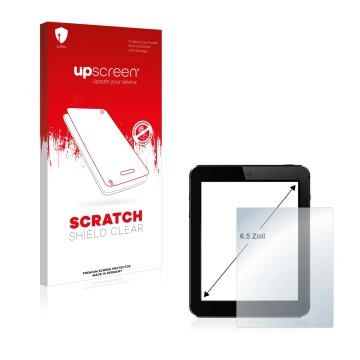 Parte frontal de un envase de producto con el logotipo de la marca upscreen. Al lado se muestra el dispositivo con su protecto