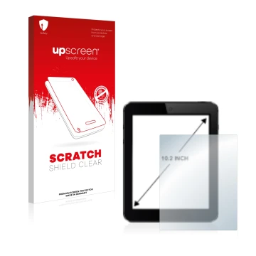Parte frontal de un envase de producto con el logotipo de la marca upscreen. Al lado se muestra el dispositivo con su protecto