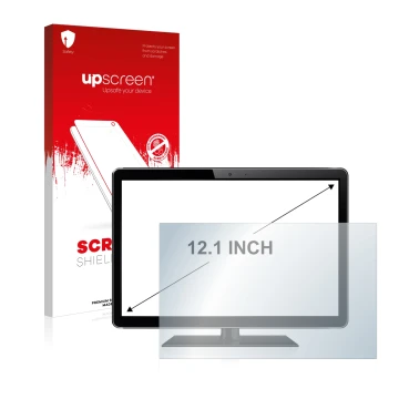 Parte frontal de un envase de producto con el logotipo de la marca upscreen. Al lado se muestra el dispositivo con su protecto