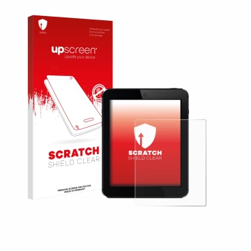 Parte frontal de un envase de producto con el logotipo de la marca upscreen. Al lado se muestra el dispositivo con su protecto