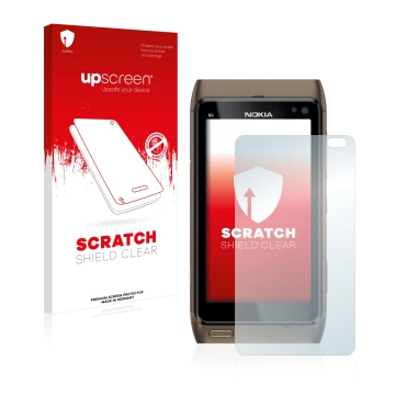 Parte frontal de un envase de producto con el logotipo de la marca upscreen. Al lado se muestra el dispositivo Nokia n8 con su