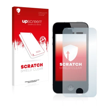 Parte frontal de un envase de producto con el logotipo de la marca upscreen. Al lado se muestra el dispositivo Apple iPhone 4 