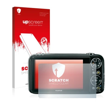 Parte frontal de un envase de producto con el logotipo de la marca upscreen. Al lado se muestra el dispositivo Fujifilm FinePi