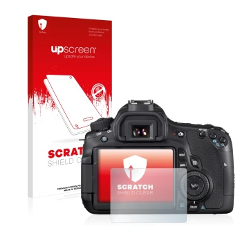 Parte frontal de un envase de producto con el logotipo de la marca upscreen. Al lado se muestra el dispositivo Canon EOS 60D c
