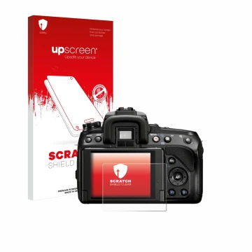 Parte frontal de un envase de producto con el logotipo de la marca upscreen. Al lado se muestra el dispositivo Sony Alpha 580 