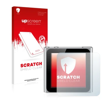 Parte frontal de un envase de producto con el logotipo de la marca upscreen. Al lado se muestra el dispositivo Apple iPod nano