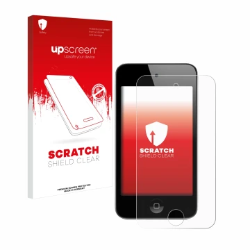 Parte frontal de un envase de producto con el logotipo de la marca upscreen. Al lado se muestra el dispositivo Apple iPod Touc