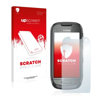 Parte frontal de un envase de producto con el logotipo de la marca upscreen. Al lado se muestra el dispositivo Nokia C7-00 con