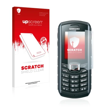 Parte frontal de un envase de producto con el logotipo de la marca upscreen. Al lado se muestra el dispositivo Samsung B2710 c