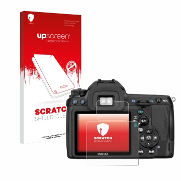 Parte frontal de un envase de producto con el logotipo de la marca upscreen. Al lado se muestra el dispositivo Pentax K5, K-5 