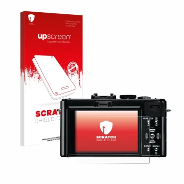 Parte frontal de un envase de producto con el logotipo de la marca upscreen. Al lado se muestra el dispositivo Leica D-Lux 5 c