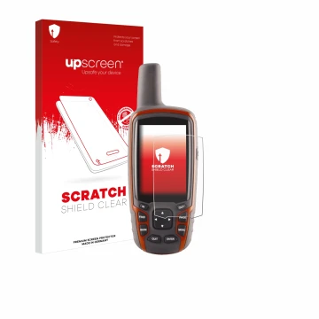 Parte frontal de un envase de producto con el logotipo de la marca upscreen. Al lado se muestra el dispositivo Garmin GPSMAP 6