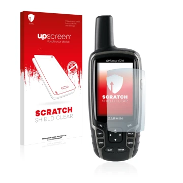 Parte frontal de un envase de producto con el logotipo de la marca upscreen. Al lado se muestra el dispositivo Garmin GPSMAP 6