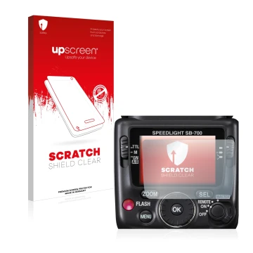 Parte frontal de un envase de producto con el logotipo de la marca upscreen. Al lado se muestra el dispositivo Nikon SB-700 co