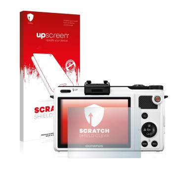 Parte frontal de un envase de producto con el logotipo de la marca upscreen. Al lado se muestra el dispositivo Olympus XZ-1 co