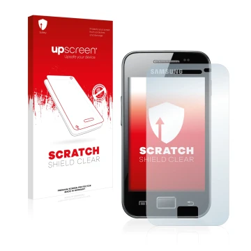 Parte frontal de un envase de producto con el logotipo de la marca upscreen. Al lado se muestra el dispositivo Samsung Galaxy 