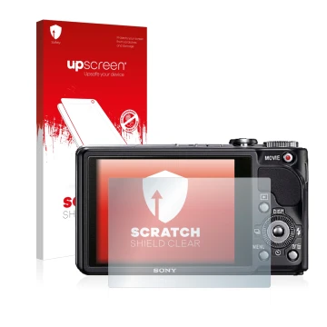 Parte frontal de un envase de producto con el logotipo de la marca upscreen. Al lado se muestra el dispositivo Sony Cyber-Shot