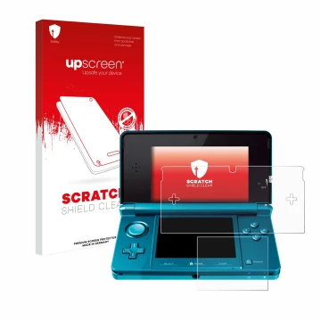 Parte frontal de un envase de producto con el logotipo de la marca upscreen. Al lado se muestra el dispositivo Nintendo 3DS co