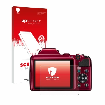 Parte frontal de un envase de producto con el logotipo de la marca upscreen. Al lado se muestra el dispositivo Nikon Coolpix L