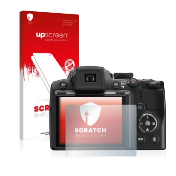 Parte frontal de un envase de producto con el logotipo de la marca upscreen. Al lado se muestra el dispositivo Nikon Coolpix P
