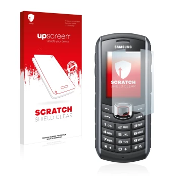 Parte frontal de un envase de producto con el logotipo de la marca upscreen. Al lado se muestra el dispositivo Samsung GT-B271