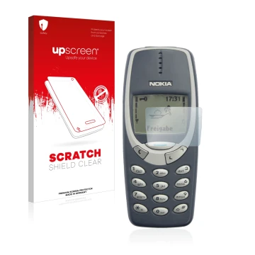 Parte frontal de un envase de producto con el logotipo de la marca upscreen. Al lado se muestra el dispositivo Nokia 3310 2011