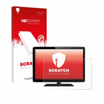 Parte frontal de un envase de producto con el logotipo de la marca upscreen. Al lado se muestra el dispositivo con su protecto