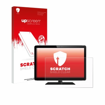 Parte frontal de un envase de producto con el logotipo de la marca upscreen. Al lado se muestra el dispositivo con su protecto