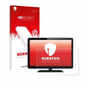 Parte frontal de un envase de producto con el logotipo de la marca upscreen. Al lado se muestra el dispositivo con su protecto