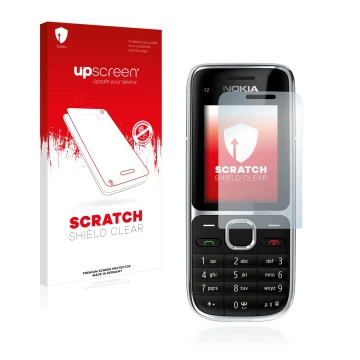 Parte frontal de un envase de producto con el logotipo de la marca upscreen. Al lado se muestra el dispositivo Nokia C2-01 con