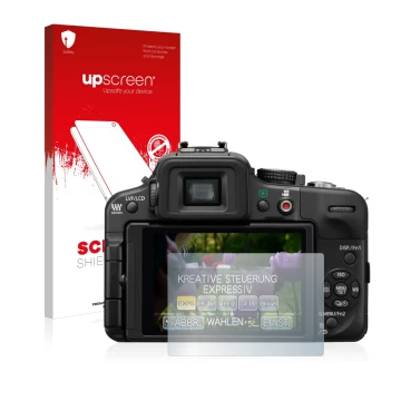 Parte frontal de un envase de producto con el logotipo de la marca upscreen. Al lado se muestra el dispositivo Panasonic Lumix