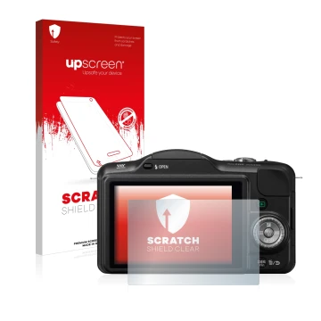 Parte frontal de un envase de producto con el logotipo de la marca upscreen. Al lado se muestra el dispositivo Panasonic Lumix
