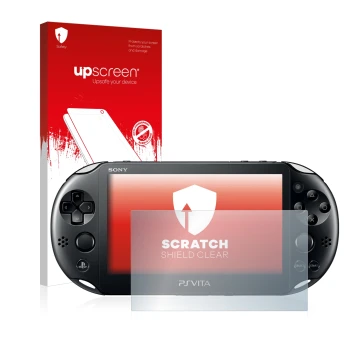 Parte frontal de un envase de producto con el logotipo de la marca upscreen. Al lado se muestra el dispositivo Sony Playstatio