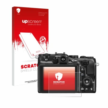 Parte frontal de un envase de producto con el logotipo de la marca upscreen. Al lado se muestra el dispositivo Nikon Coolpix P