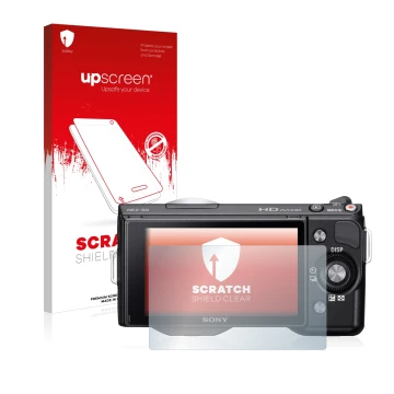 Parte frontal de un envase de producto con el logotipo de la marca upscreen. Al lado se muestra el dispositivo Sony Alpha NEX-