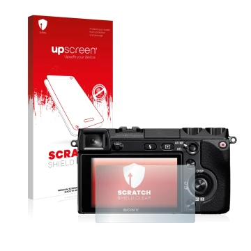 Parte frontal de un envase de producto con el logotipo de la marca upscreen. Al lado se muestra el dispositivo Sony Alpha NEX-